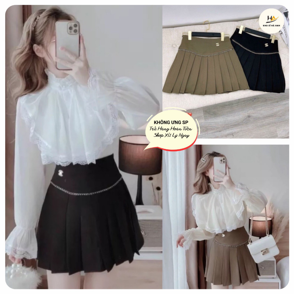 Chân váy công sở xếp ly phối viền cạp Chân váy ngắn cạp cao lưng cao xếp li có lót bên trong chất Tuyết Mưa Quảng Châu