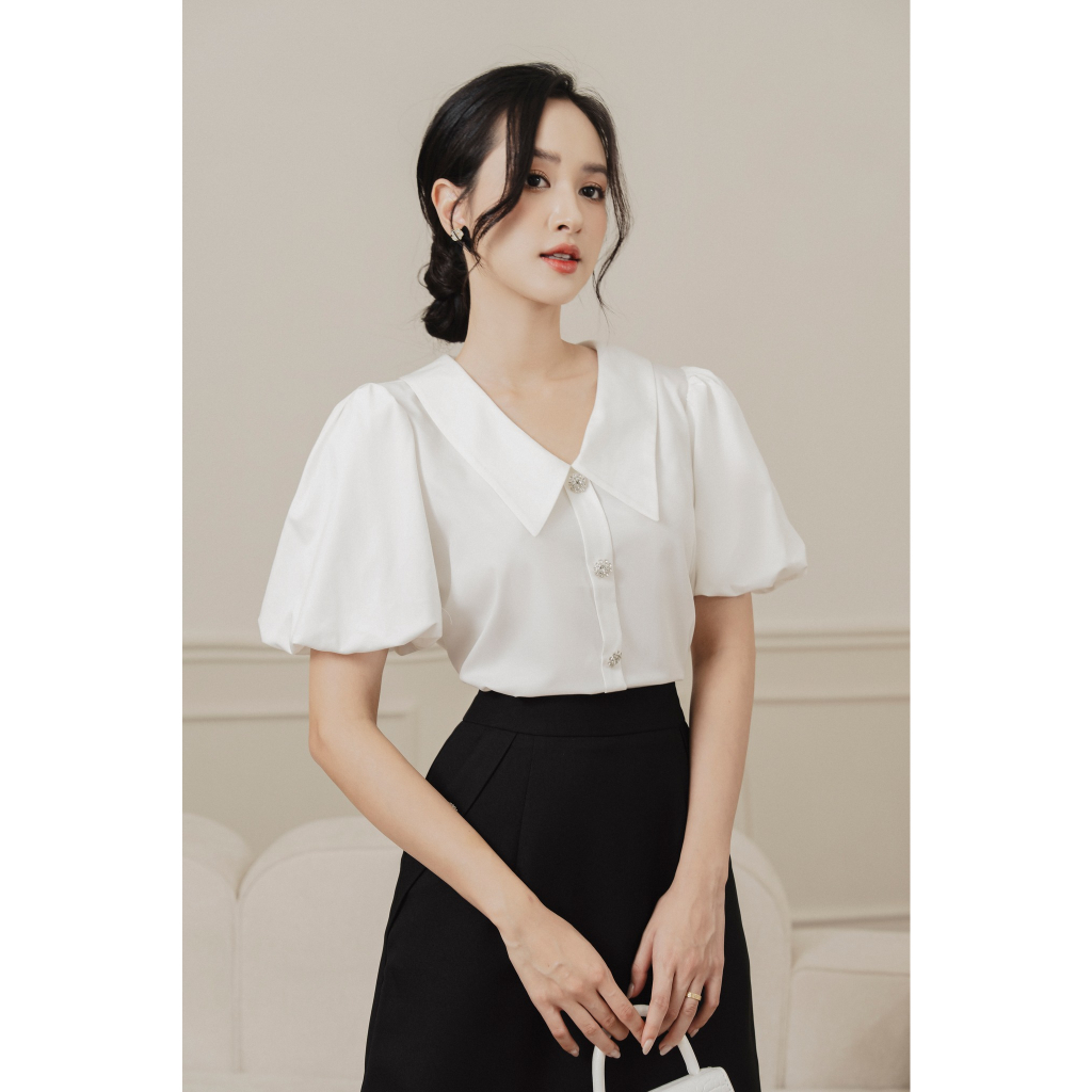 Áo sơ mi cổ sen nhọn tay bồng nẹp khuy chất thô tre Tiin Store - AHN755