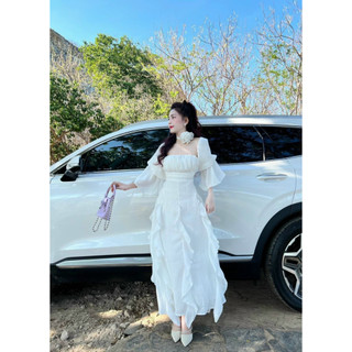 Đầm thời trang nữ mặc đi biển chất voan tơ lụa cổ vuông tay lỡ có mút ôm eo váy maxi xoè phối ren có lót kèm hoa cổ