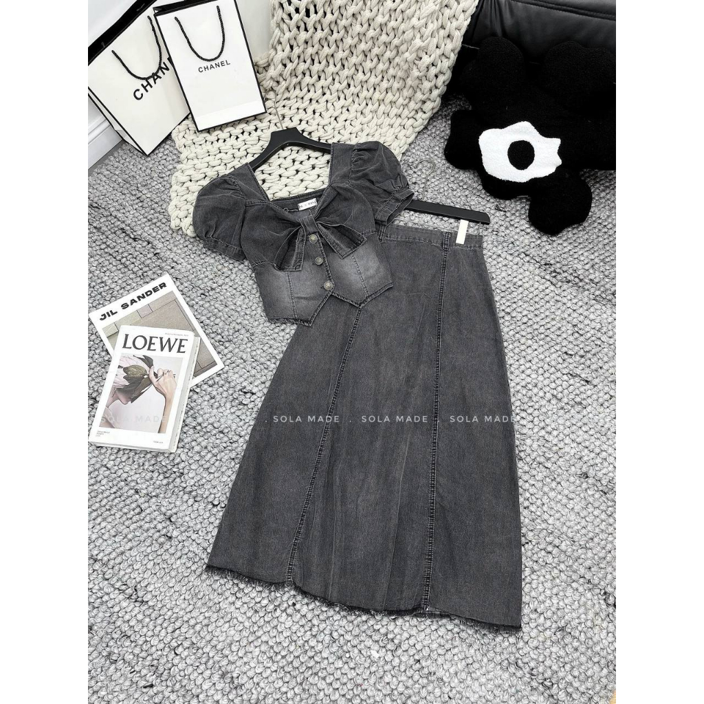 Set bò nữ áo cổ nơ + chân váy dài hàng quảng châu siêu đẹp - Set jean nữ