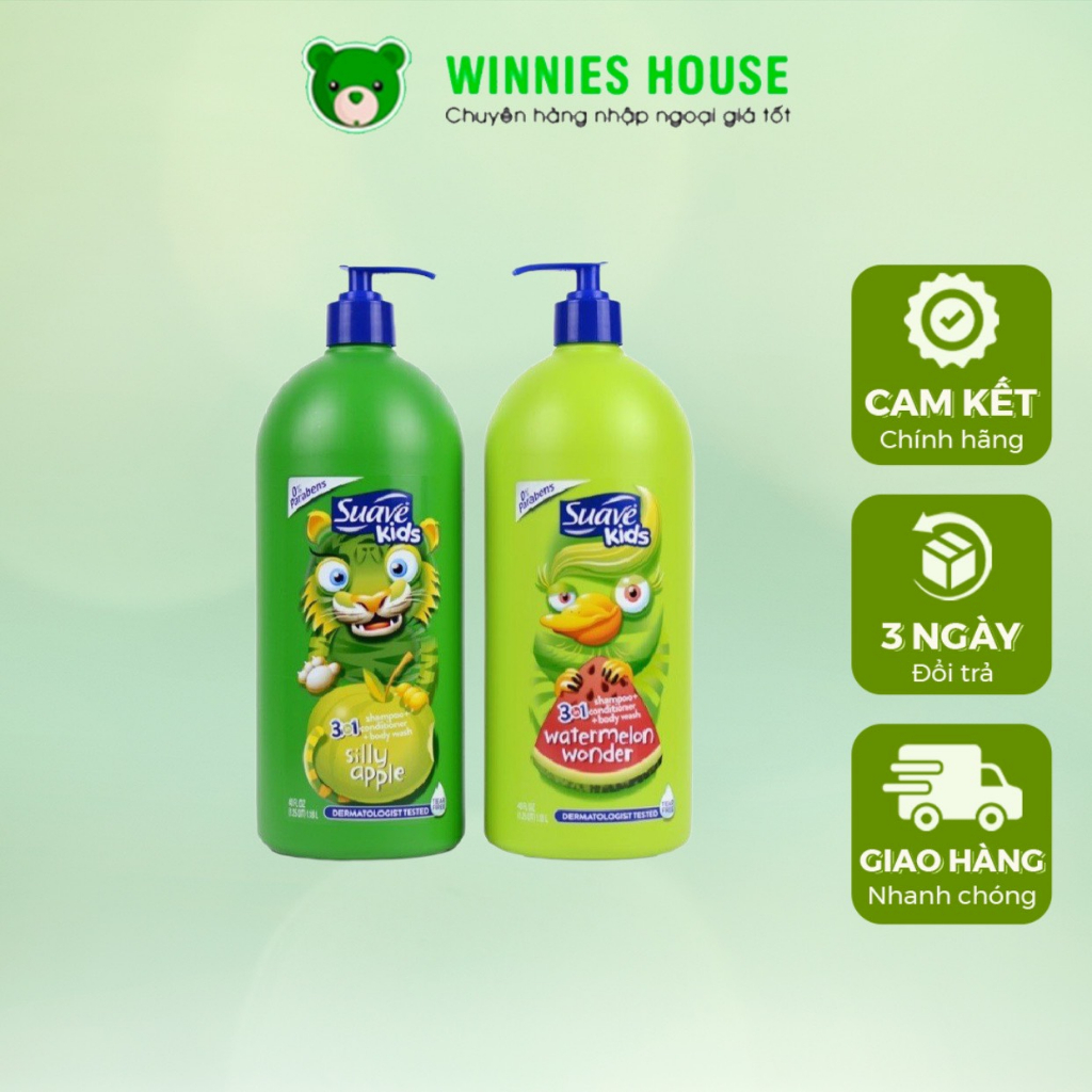 Sữa Tắm, Gội, Xả Trẻ Em Suave Kids 3in1 Hương Táo Xanh, Dâu, Dưa Hấu 1.18L Chính Hãng