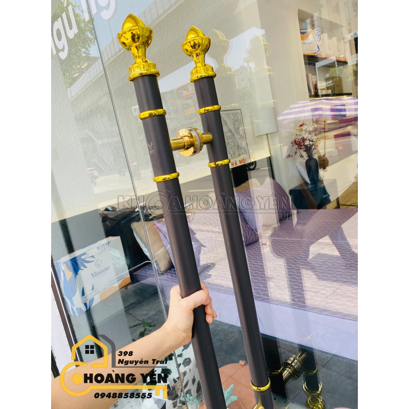 Tay nắm cửa nhôm kính màu nâu xingfa, Tay nắm cửa nhôm hệ xingfa, gỗ, sắt, Tay nắm cửa thuỷ lực đầu hoa sen dài 1m-1.2m