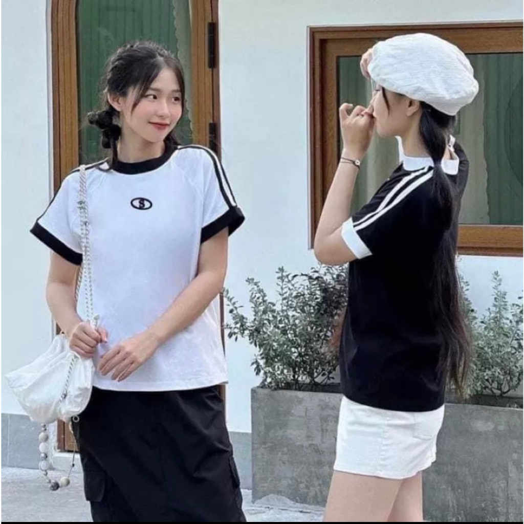 Áo Thun Baby Tee Chữ B Co Giãn Viền Phối Màu Năng Dộng