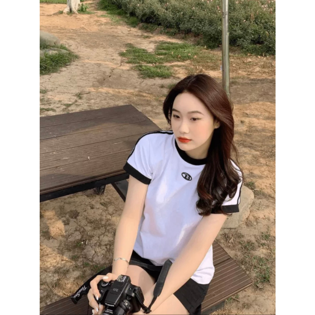 Áo Thun Baby Tee Chữ B Co Giãn Viền Phối Màu Năng Dộng