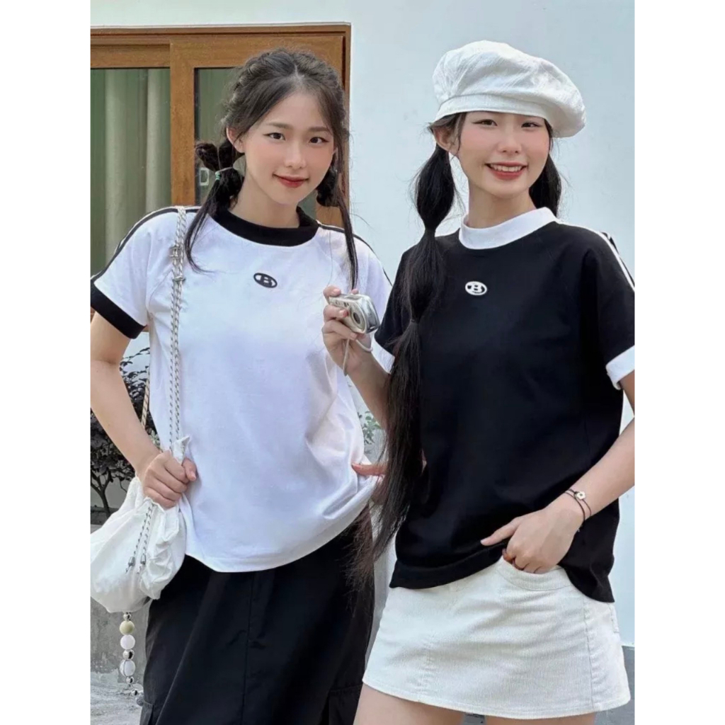Áo Thun Baby Tee Chữ B Co Giãn Viền Phối Màu Năng Dộng