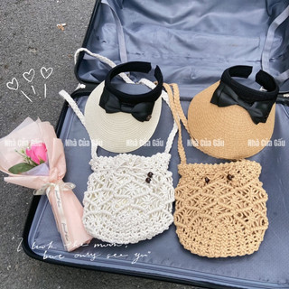 Set mũ cói nơ, túi đeo chéo nhỏ xinh