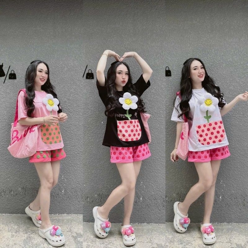 Set áo thun hoa nổi quần short chấm bi lớn nhà Ne Ne freesize dưới 55kg