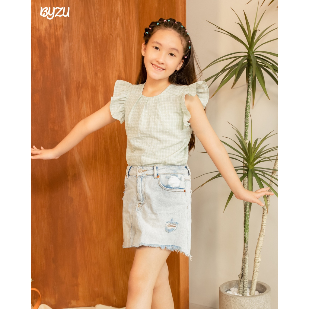 Áo Sơ Mi Bé Gái BYZU Kiểu Đơn Giản Vải Caro Màu Xanh Pastel Ngọt Ngào AKH2202