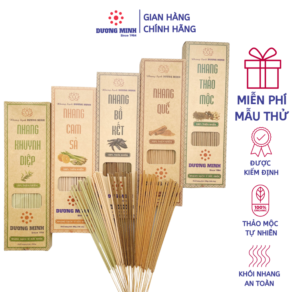 Nhang sạch thảo mộc Dương Minh 6 loại nhang thơm tự nhiên hương trầm, quế, cam sả, bồ kết, thảo mộc và khuynh diệp
