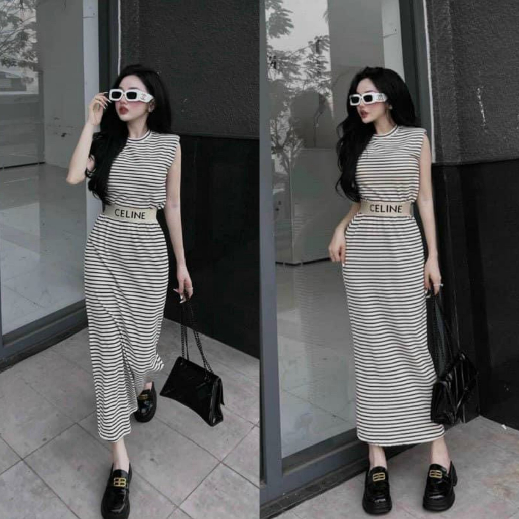 Set chân váy maxi kèm đai chun mix áo cổ trong kẻ sọc sang chảnh, cá tính [553]