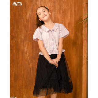 Áo sơ mi bé gái byzu kiểu cổ tim tay bồng chất vải cotton màu tím pastel akh2205