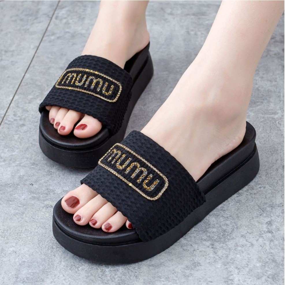 Dép Thời Trang Nữ MUMU Quai Vải 5cm Cườm Lấp Lánh