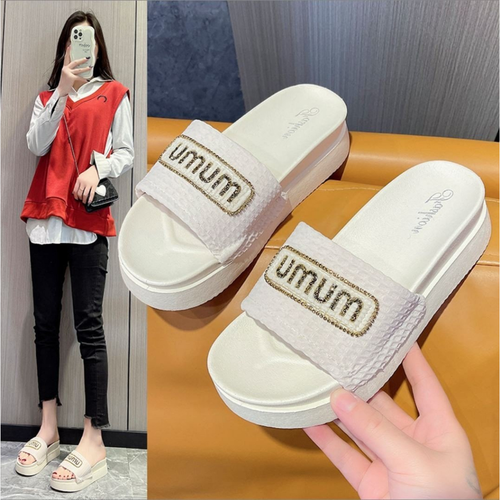 Dép Thời Trang Nữ MUMU Quai Vải 5cm Cườm Lấp Lánh