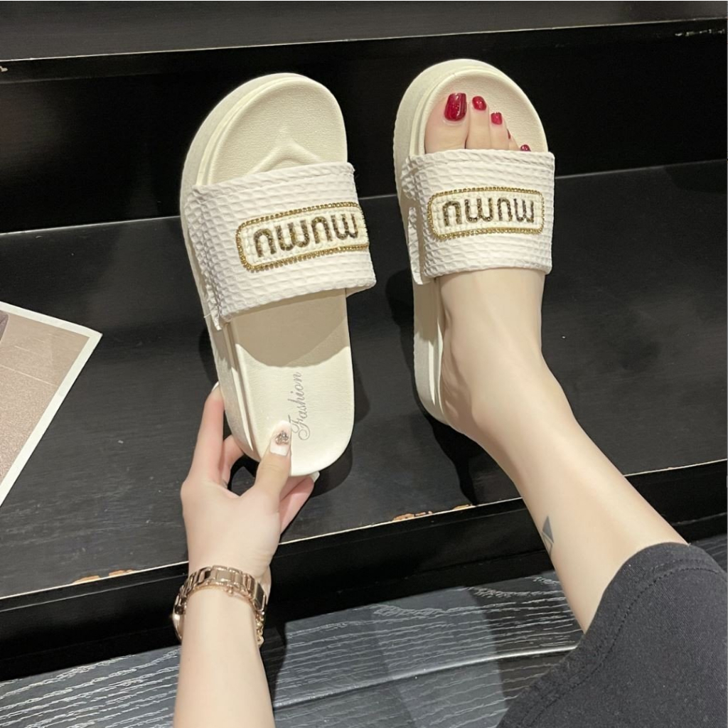 Dép Thời Trang Nữ MUMU Quai Vải 5cm Cườm Lấp Lánh