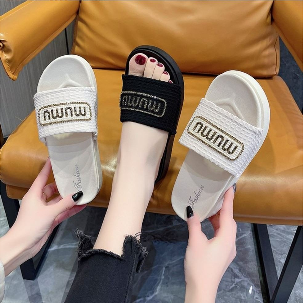 Dép Thời Trang Nữ MUMU Quai Vải 5cm Cườm Lấp Lánh
