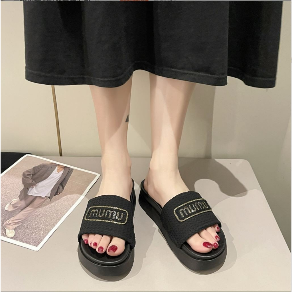 Dép Thời Trang Nữ MUMU Quai Vải 5cm Cườm Lấp Lánh