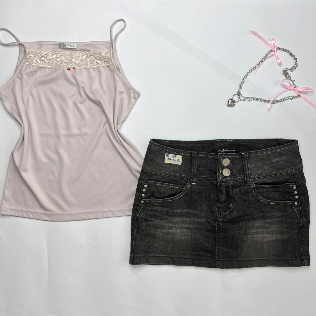 Set nữ áo cami + chân váy jean cạp thấp