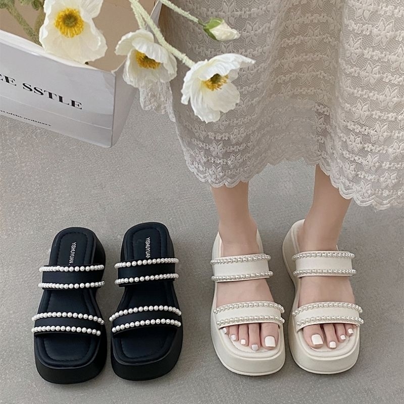 Dép Sandal Nữ Đế cao 4 phân Quai ngang Hạt ngọc CỰC XINH!!!