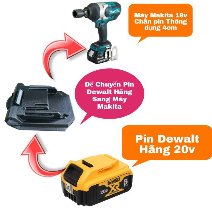 Đế Chuyển Pin Dewalt Hãng Dùng Cho Máy Makita 18V In Nhựa Chịu Lực Siêu Cứng - Bộ Chuyển Dewalt Sang Makita