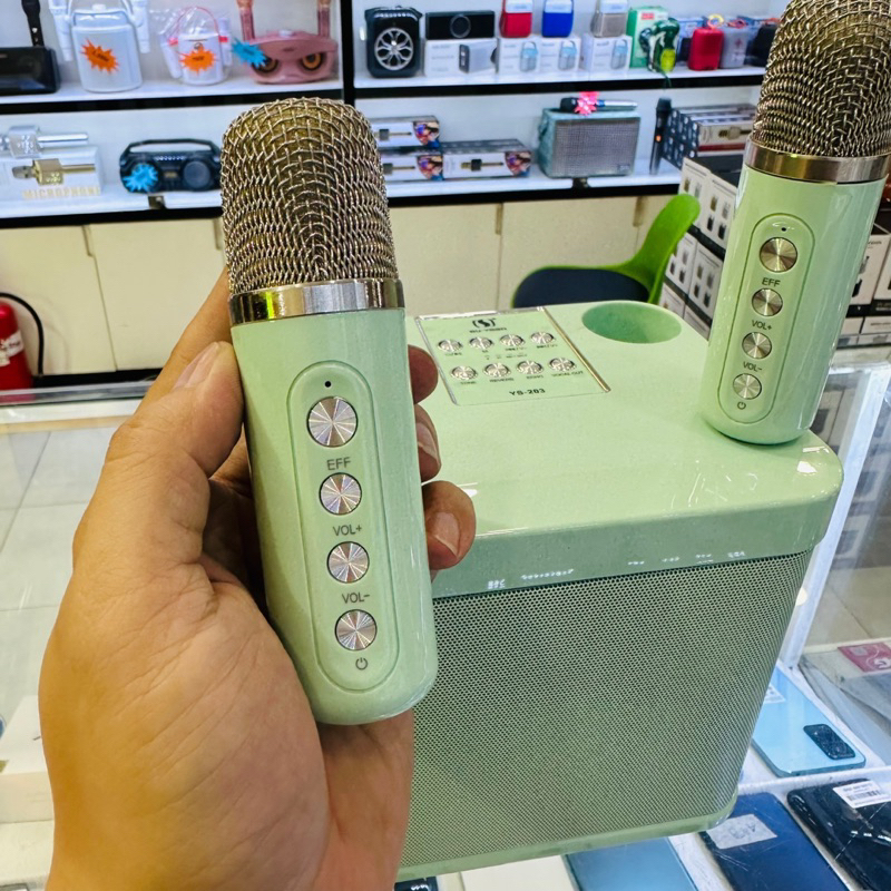 Loa bluetooth karaoke YS203 - Tặng kèm 2 micro không dây - Hiệu ứng đổi giọng, điều chỉnh ech