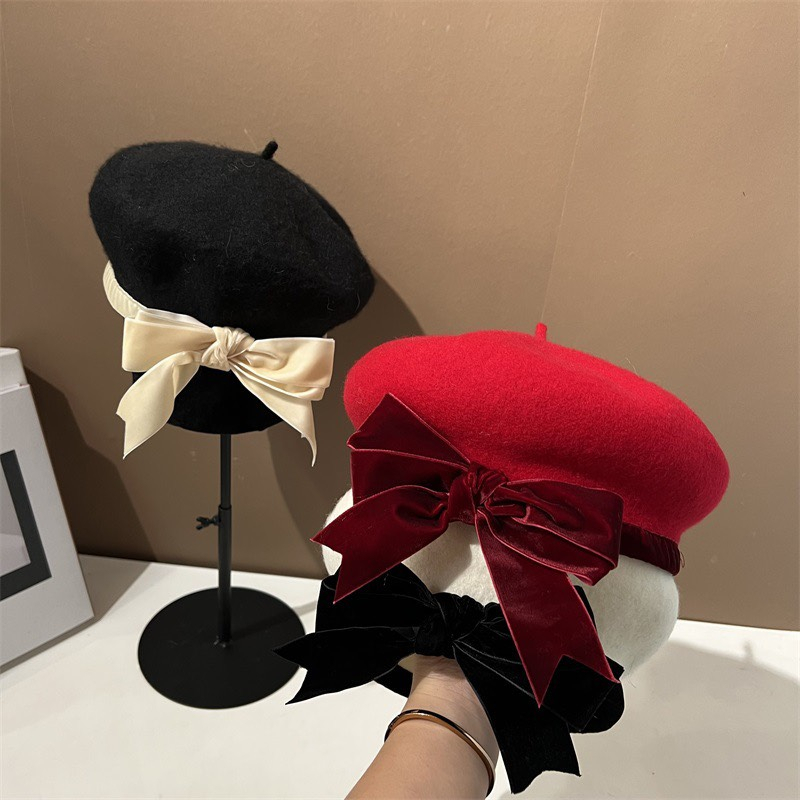 MŨ NÓN BERET CHẤT NỈ PHỒNG FORM TRÒN BÁNH TIÊU ĐÍNH NƠ TIỂU THƯ