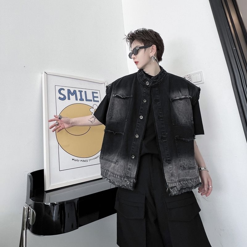 Áo Gile Jean dáng rộng Unisex, phối màu loang