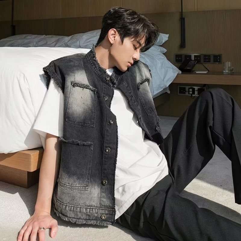 Áo Gile Jean dáng rộng Unisex, phối màu loang