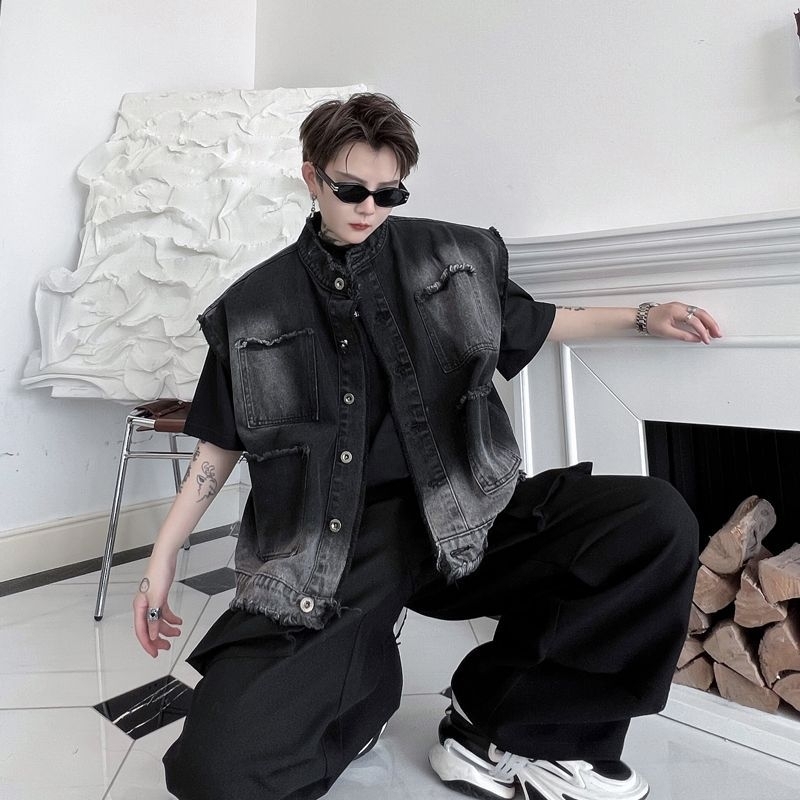 Áo Gile Jean dáng rộng Unisex, phối màu loang