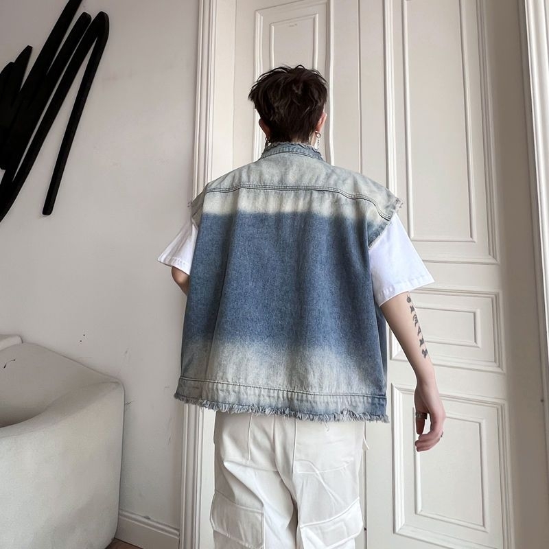 Áo Gile Jean dáng rộng Unisex, phối màu loang