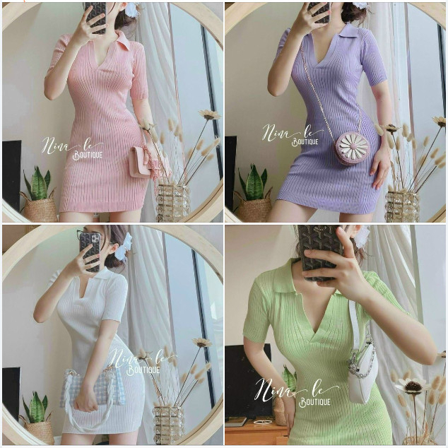 Đầm thun gân body tay lỡ cổ chữ V