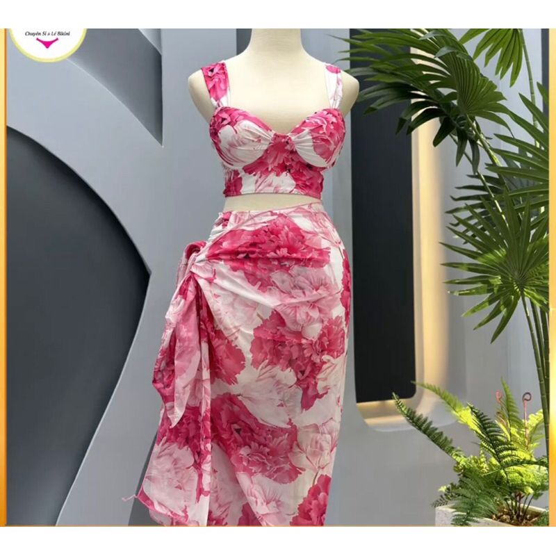 Bikini áo tắm 3 mảnh gọng mút nâng dày kèm khăn voan hoa hồng ( Hàng sẵn đẹp loại 1 cao cấp)