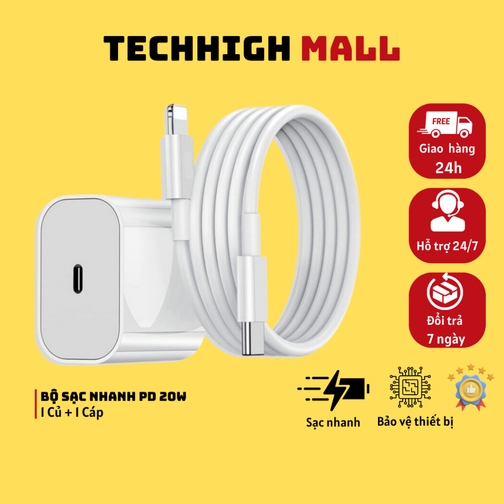 Bộ Củ Cáp Sạc Nhanh PD 20W sạc ổn định an toàn cho điện thoại ip 6 đến 13 pro max- Techhigh Mall
