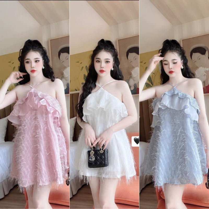 Váy hai dây cổ yếm, Đầm xoè cổ yếm lống vũ sẵn mút ngực, Váy yếm dáng ngắn hở lưng thắt dây cao cấp sang chảnh