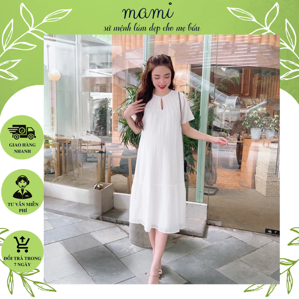 Váy bầu, đầm bầu thiết kế mami 2 lớp dáng tay cánh tiên chất liệu tơ dập cao cấp fom rộng size từ 45-80kg
