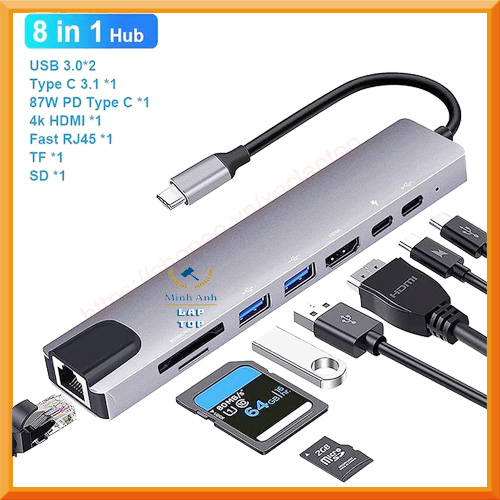 Bộ hud chuyển đổi Usb chân type C usb 3.0 8 in 1 cổng kết nối chân sạc type dùng cho điện thoại , laptop