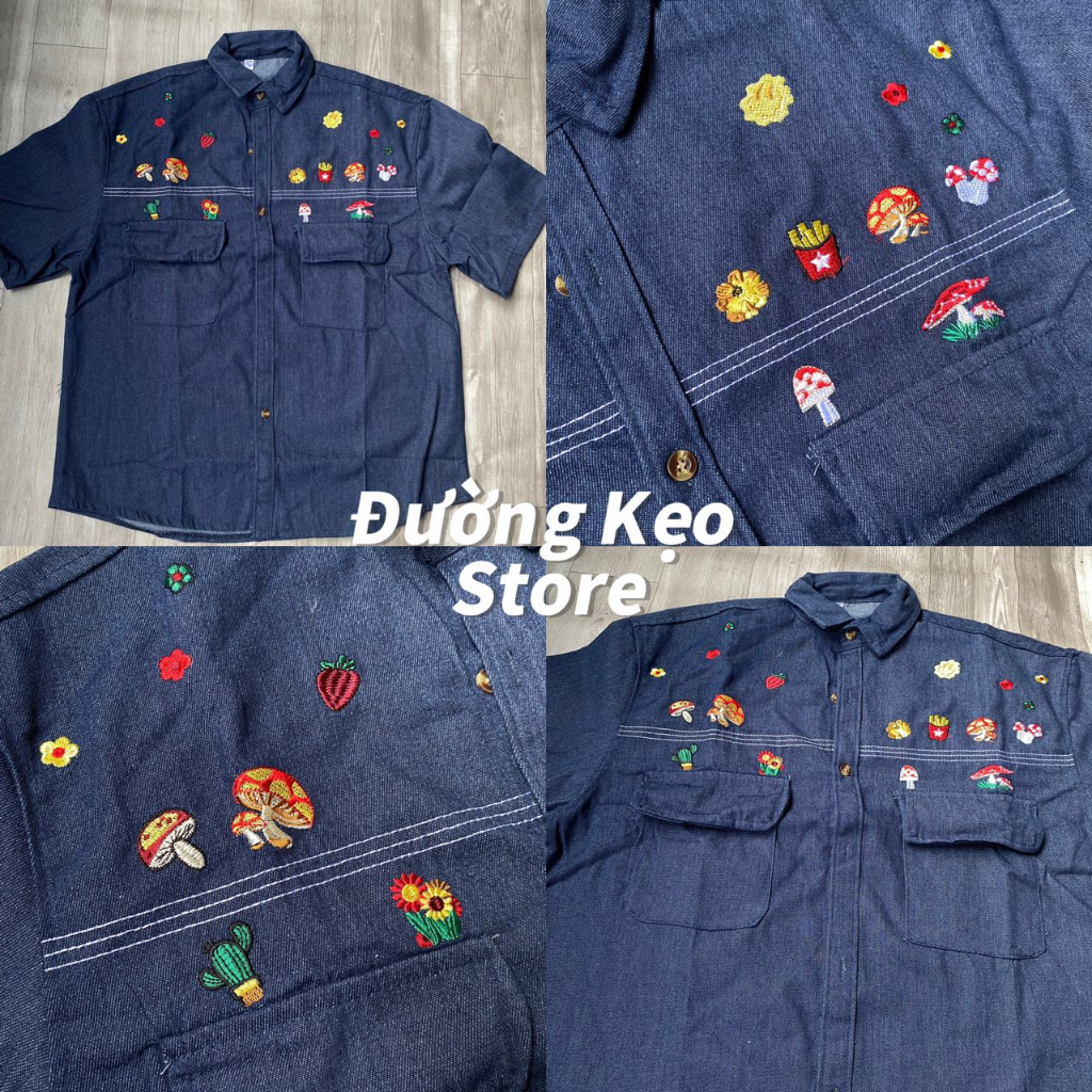 SẴN Áo sơ mi denim thêu hoa có cổ polo oversize dáng rộng màu jeans bò đậm có túi khuy cúc xinh style âu mỹ