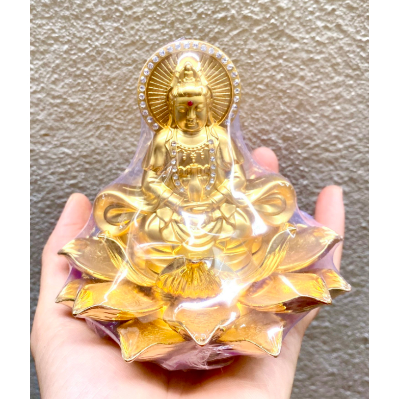 (Sỉ - Lẻ) Tượng Phật Bà Quan Thế Âm Bồ Tát hai mặt tọa đài sen vàng đính đá cao cấp trang trí Taplo ô tô