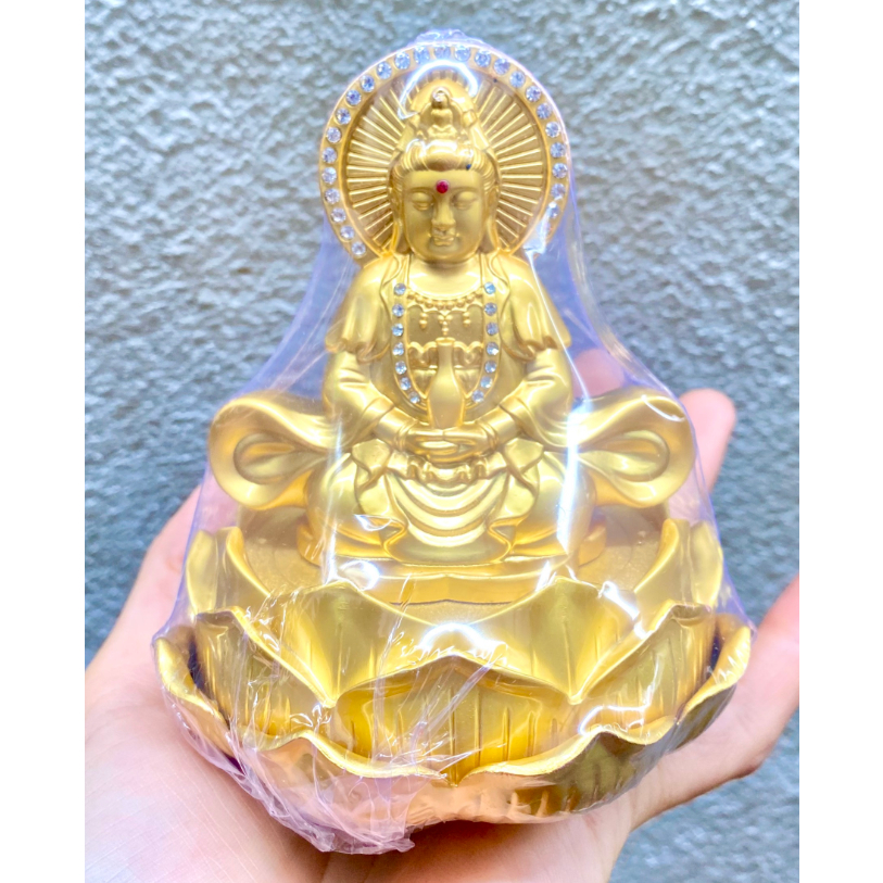 (Sỉ - Lẻ) Tượng Phật Bà Quan Thế Âm Bồ Tát hai mặt tọa đài sen vàng đính đá cao cấp trang trí Taplo ô tô