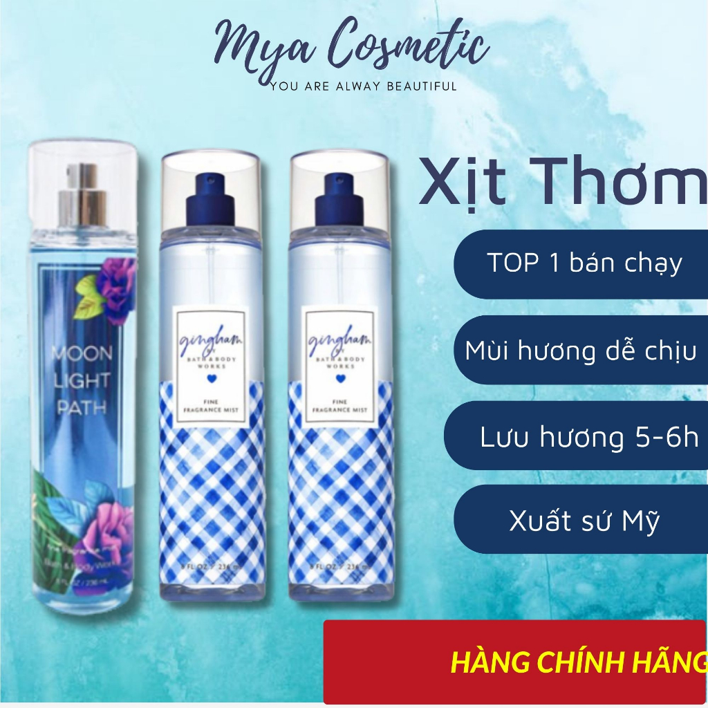 Xịt Thơm Body Mist Bath & Body Works Gingham, Moonlight Path Xanh Hương Tươi Mát 10ml - 36ml