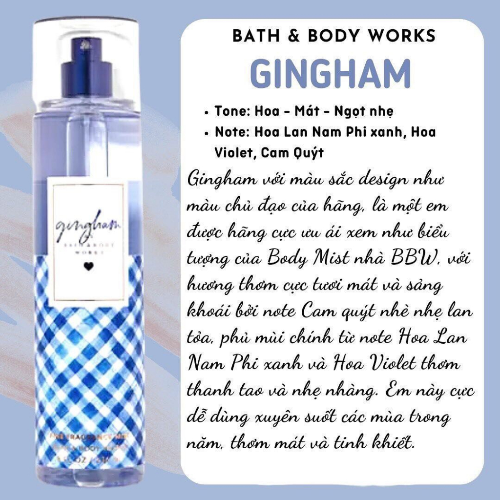 Xịt Thơm Body Mist Bath & Body Works Gingham, Moonlight Path Xanh Hương Tươi Mát 10ml - 36ml