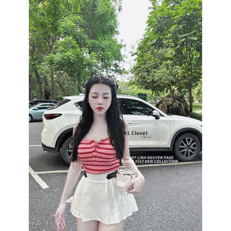 Sét đồ nữ chân váy xoè bồng phối áo kẻ siêu xinh