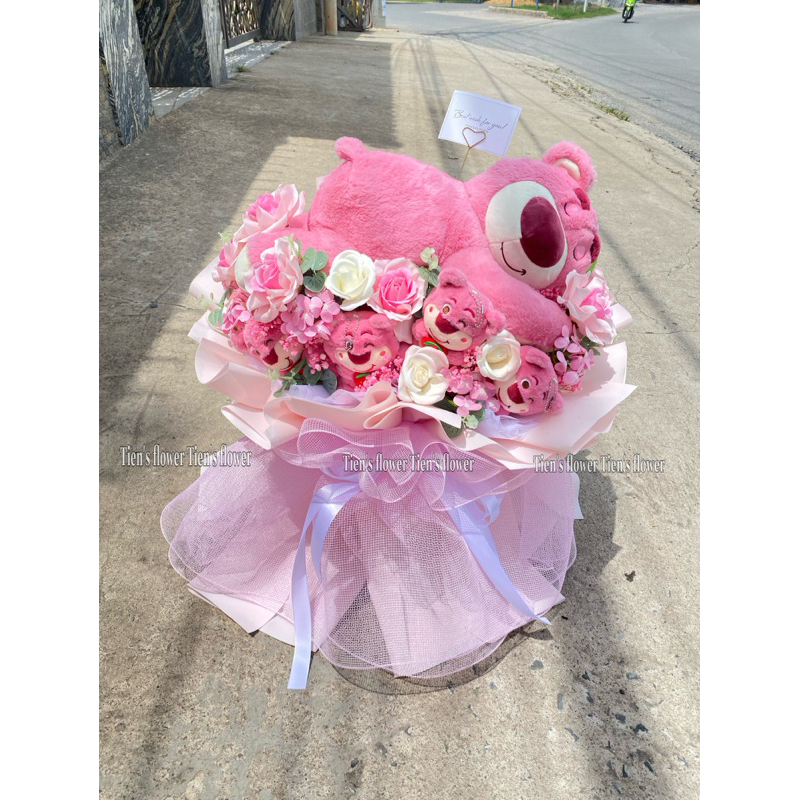 Bó hoa gấu Lotso hoa sáp cao cấp mix hoa khô Tien’s flower