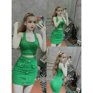 Sét bộ thun xương cá phom croptop phối chân váy
