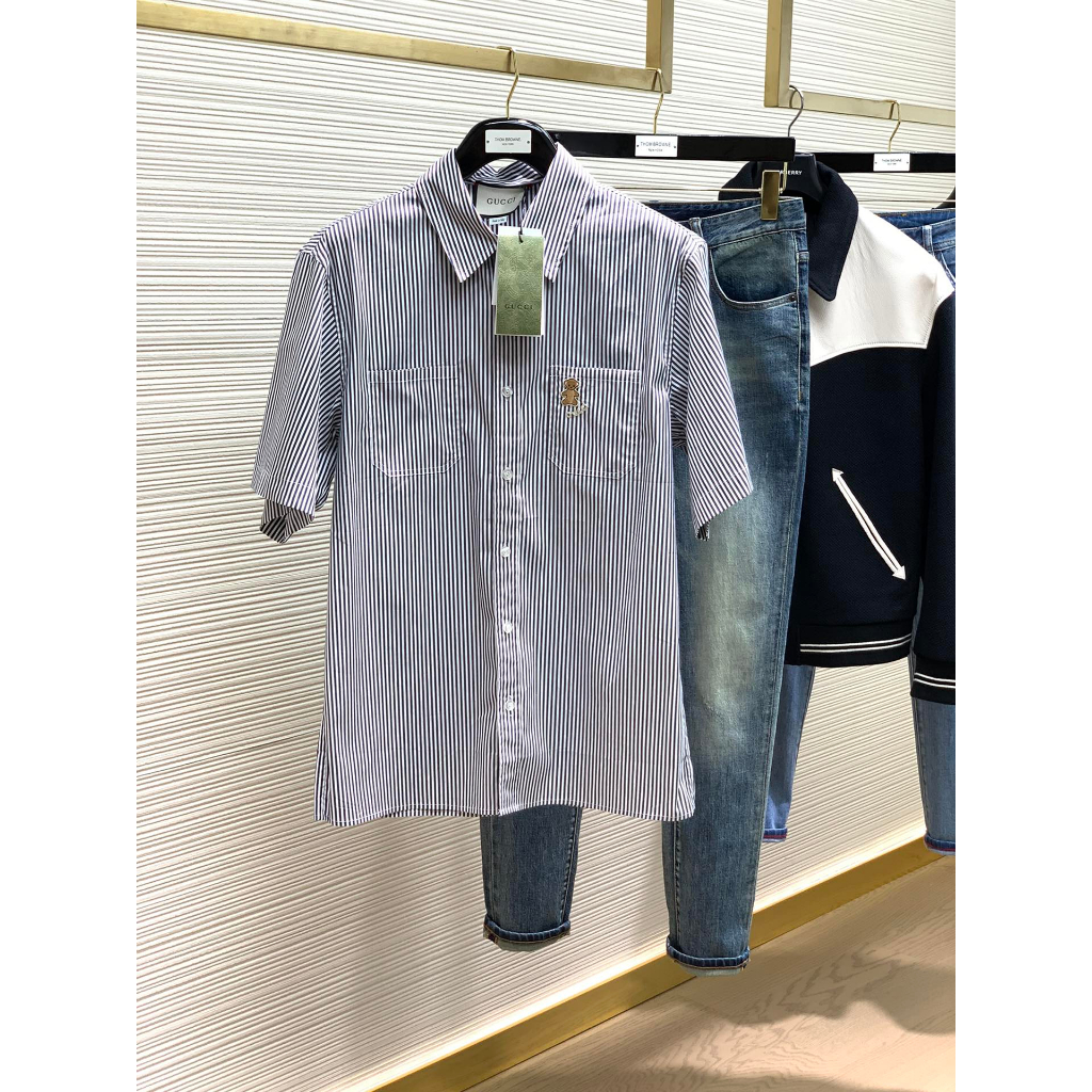 Áo sơ mi ngắn tay nam kẻ sọc cao cấp Gucci GC GG giản dị