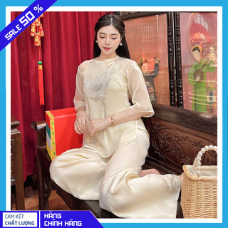 Bộ đồ lam đi chùa thêu hoa cúc, bộ phật tử pháp phục đi chùa tay lỡ chất lụa gấm cao cấp