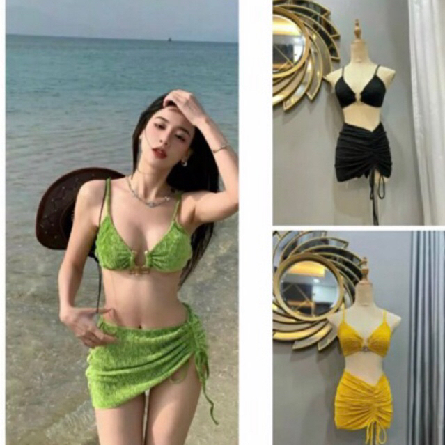 Hot Bikini 2023, Combo Gồm 3 Mảnh Áo +Quần+Vây Rút Đính Khoen Sang Sịn Cao Cấp,Ảnh Thật Nhiều Màu
