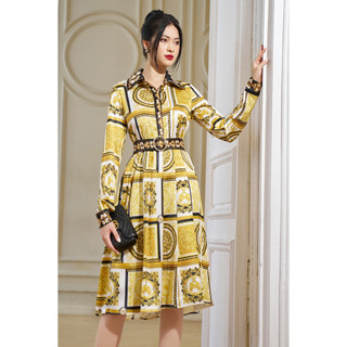 Váy lụa họa tiết baroque vàng đen