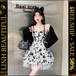 💕𝐅𝐑𝐄𝐄𝐒𝐇𝐈𝐏💕Đầm - Váy 2 dây kèm áo khoác cadigan hoạ tiết hoa sang chảnh , ngọt ngào cho các bạn nữ , Linh beautiful
