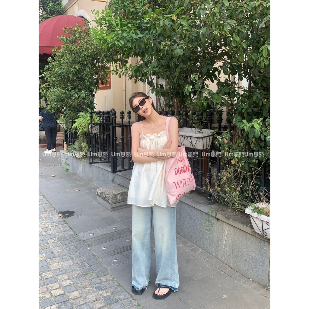 Áo 2 Dây From Rộng Phối Bèo Ngực Siêu Xinh, Kiểu Dáng Đơn Giản Dễ Phối Đồ Phù Hợp Đi Chơi Hàng Qccc Nanganhchuyensi