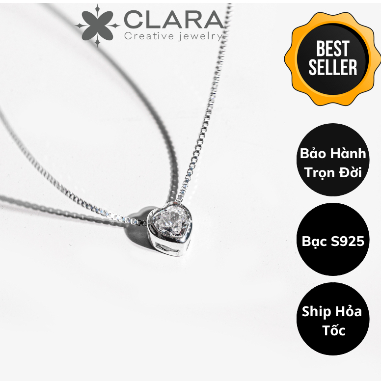 Dây chuyền bạc nữ mặt đá CLARA vòng cổ nữ 925 mặt tròn, trái tim đính đá đơn giản giá rẻ